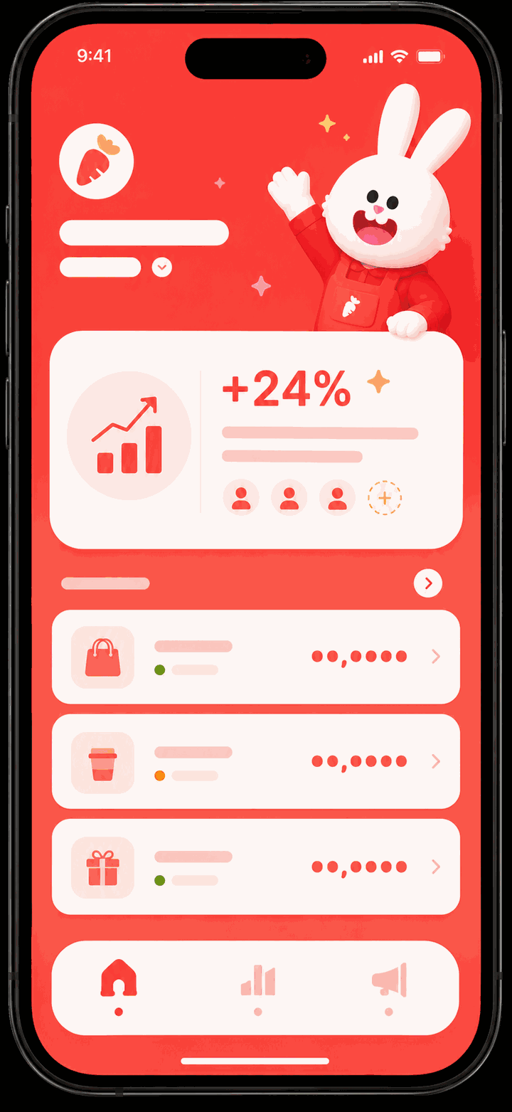 Carrots merchant app showing growth dashboard, programs, and rewards