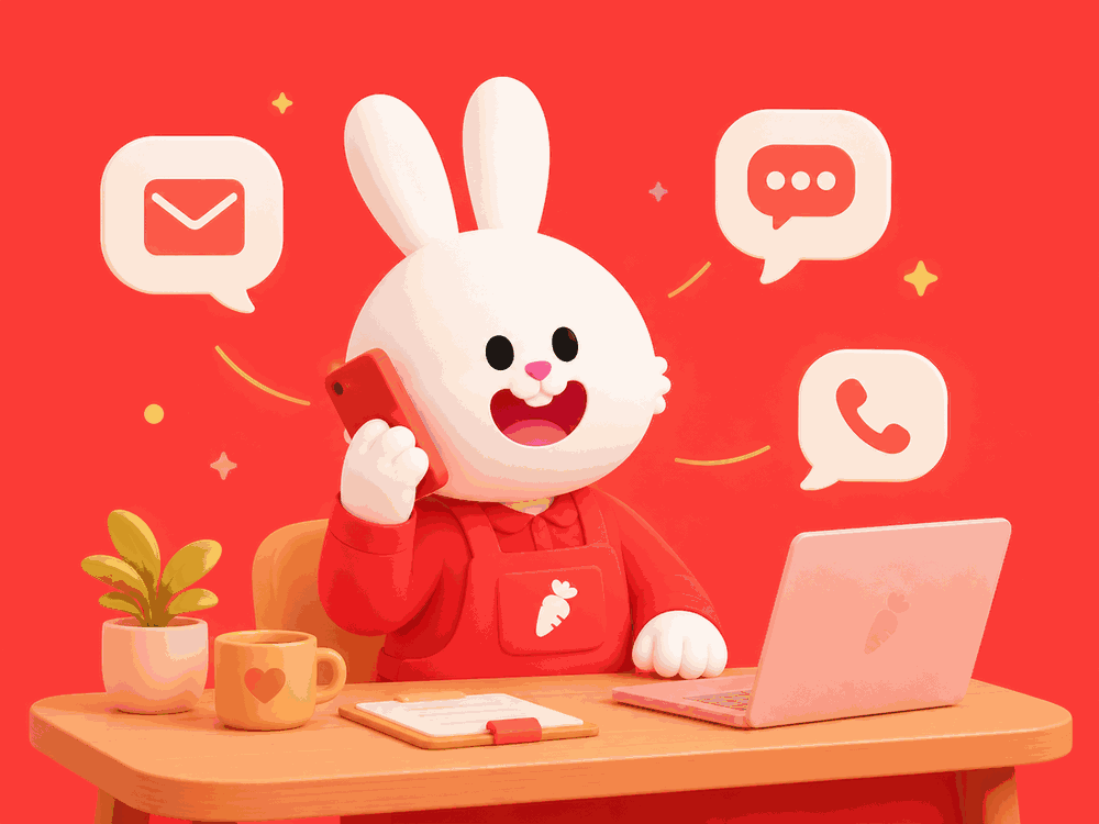 Presto mascot at a desk with phone, laptop, and message bubbles